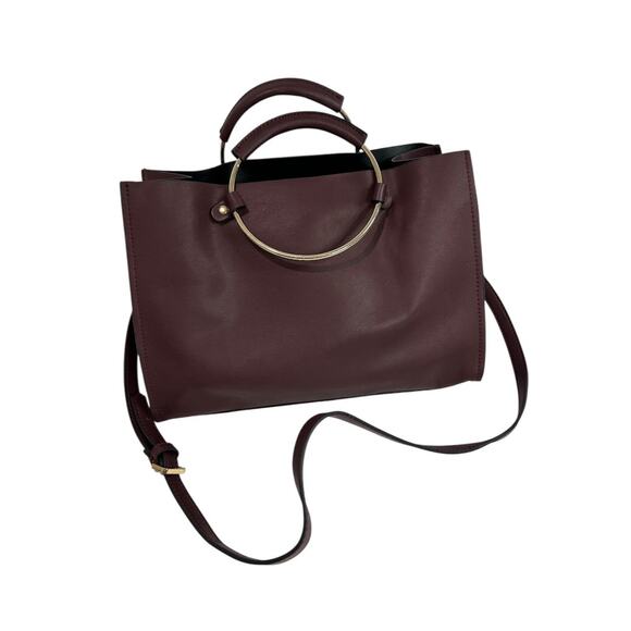 Vegan Leather Merlot Satchel Detachable Shoulder Strap Goldtone Hardware - Picture 1 of 6